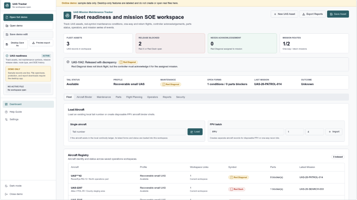 SiteGuard workspace dashboard from the live demo, showing record counts, compliance score, workspace layout panels, and contract lifecycle stages