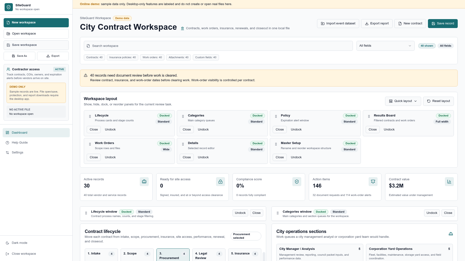 SiteGuard workspace dashboard from the live demo, showing record counts, compliance score, workspace layout panels, and contract lifecycle stages