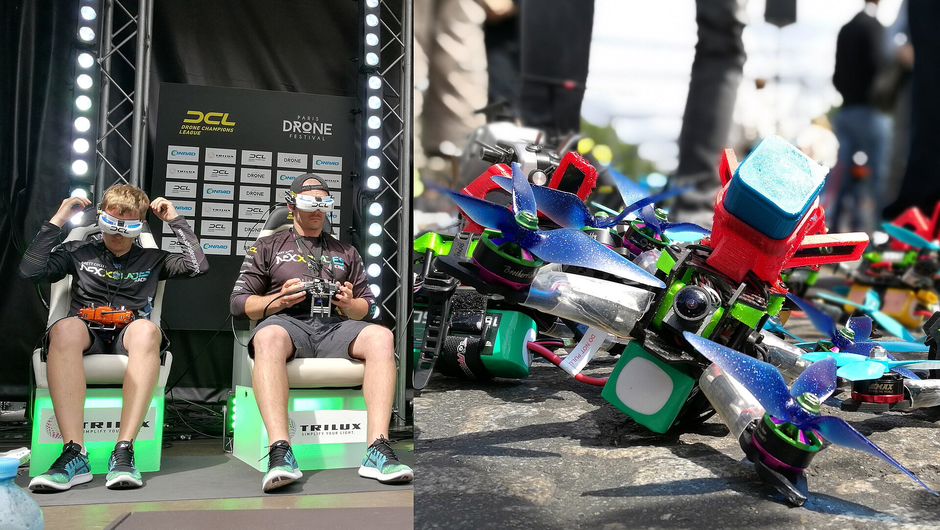 Pilots seated with FPV goggles at an outdoor first-person-view drone race